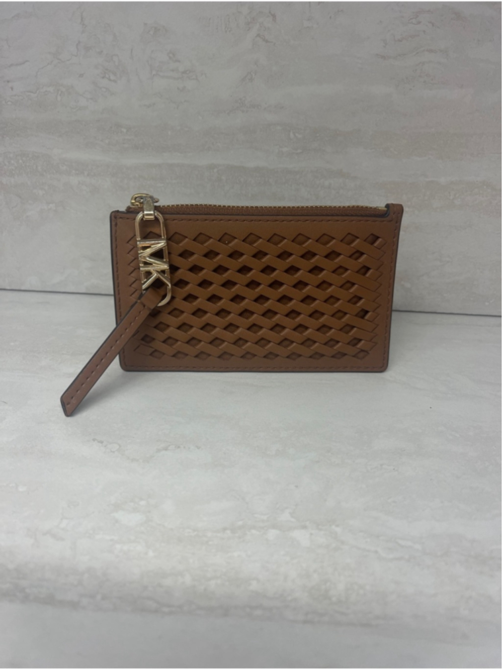 Michael Kors Empire Woven Leather Card Case Luggage Brown